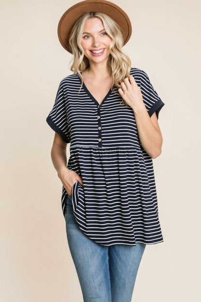 Cotton Bleu by Nu Label Striped Button Front Baby Doll TopCotton Bleu by Nu Label Striped Button Front Baby Doll Top
 Elevate your wardrobe with the Cotton Bleu Striped Button Front Baby Doll Top, where classic charm meets Love Salve Nu Label Striped Button Front Baby Doll Topjust arrived