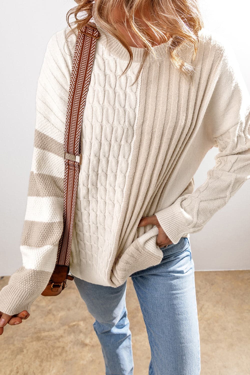 Cable-Knit Color Block Round Neck Sweater.