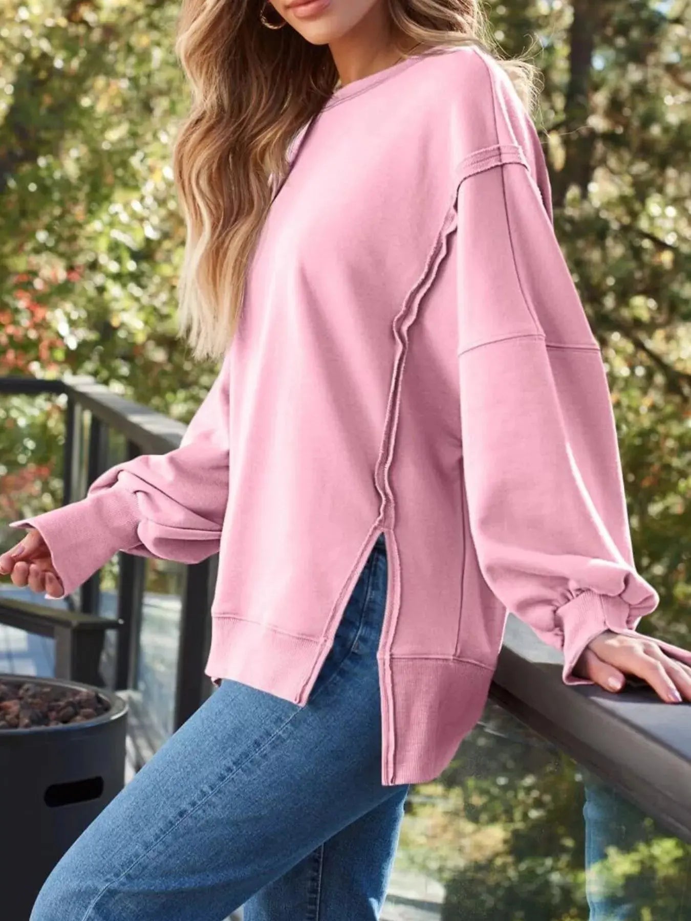 Side Slit Long Sleeve Oversized Sweatshirt Simply Love