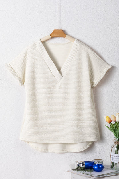 Chic pale khaki textured v-neck t-shirt with wide sleeves