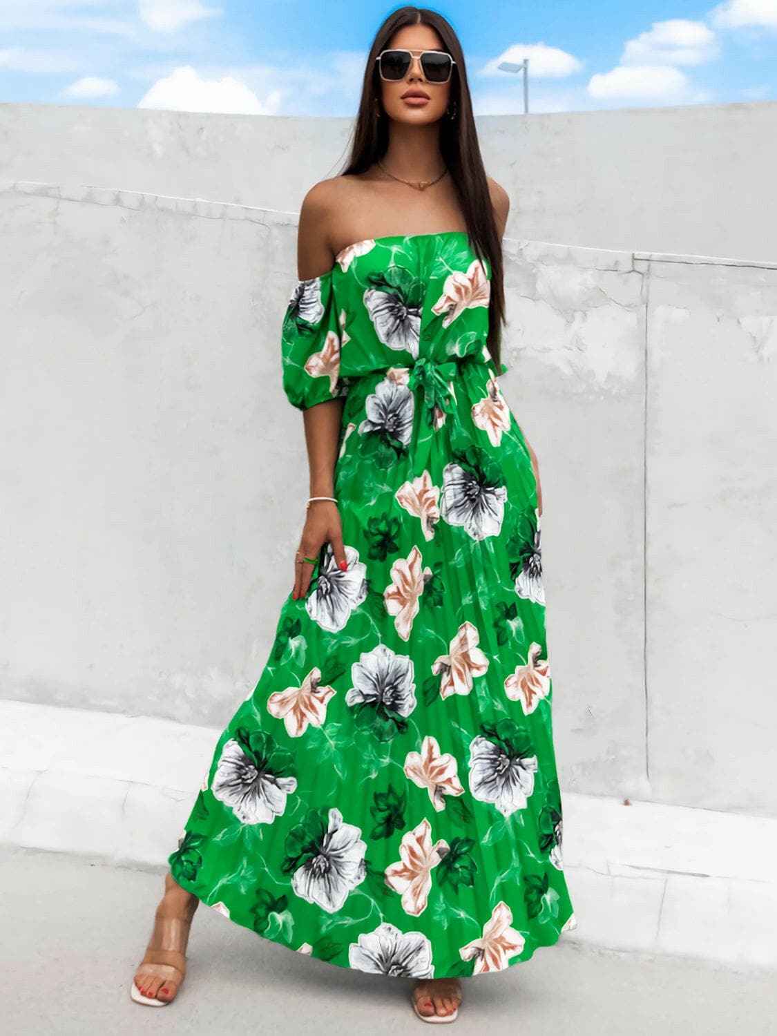 Pleated Floral Off-Shoulder Short Sleeve Midi DressPleated Floral Off-Shoulder Short Sleeve Midi Dress
 Step into elegance with our Pleated Floral Off-Shoulder Short Sleeve Midi Dress. Embrace sophistication effortleLove Salve -Shoulder Short Sleeve Midi Dressjust arrived