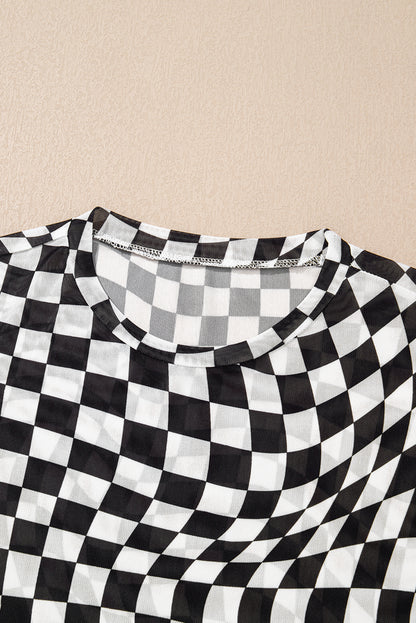 Black Checker Mesh Crew Neck T Shirt for Women Fashion