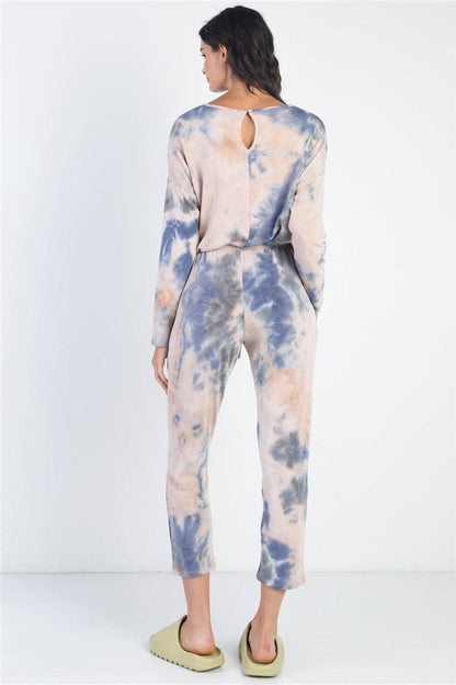 Cherish Apparel Tie-Dye Round Neck Long Sleeve Jumpsuit.