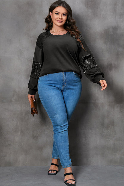 Glamorous black plus size sequin patchwork long sleeve top