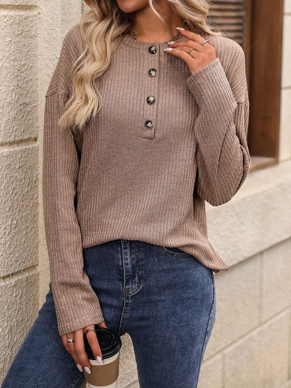 Half Button Long Sleeve T-Shirt.