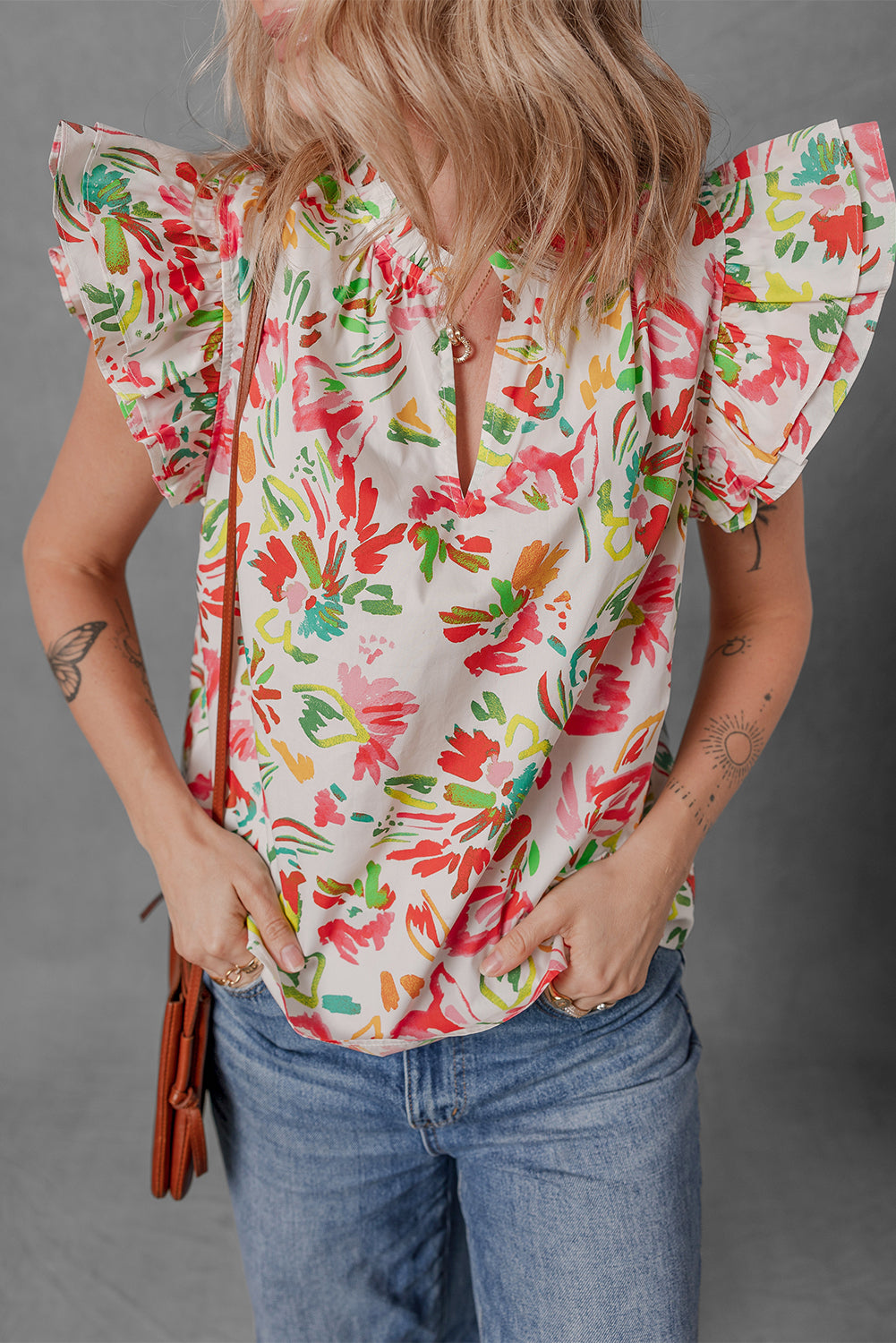 Multicolour Allover Floral Printed Flutter Sleeve Blouse
