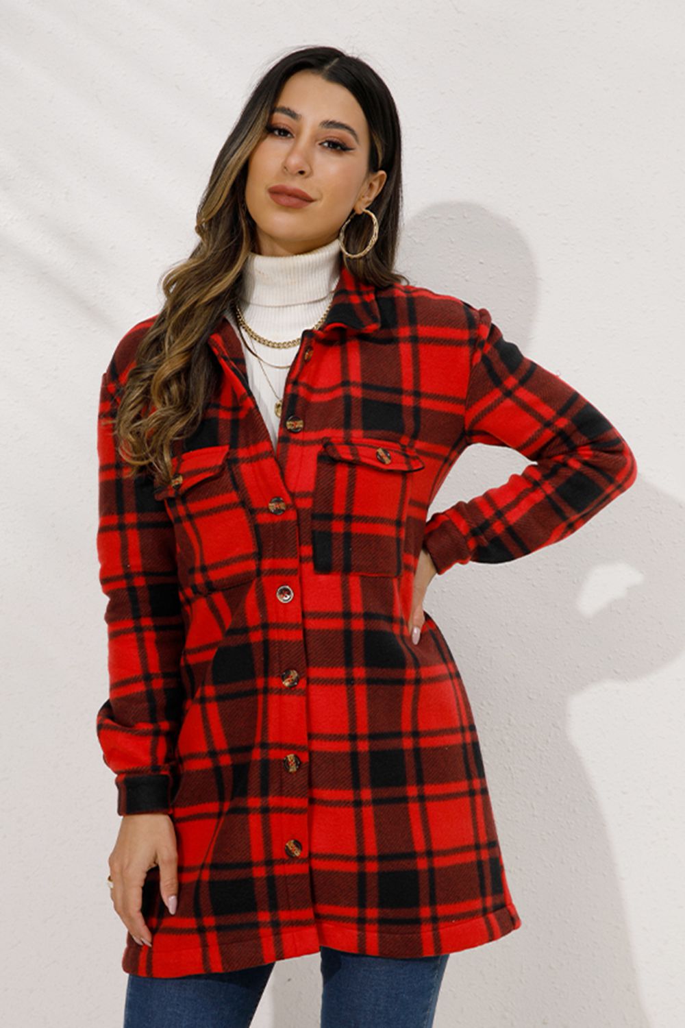 Shiny Plaid Collared Longline Coat Coco’s Tee Boutique