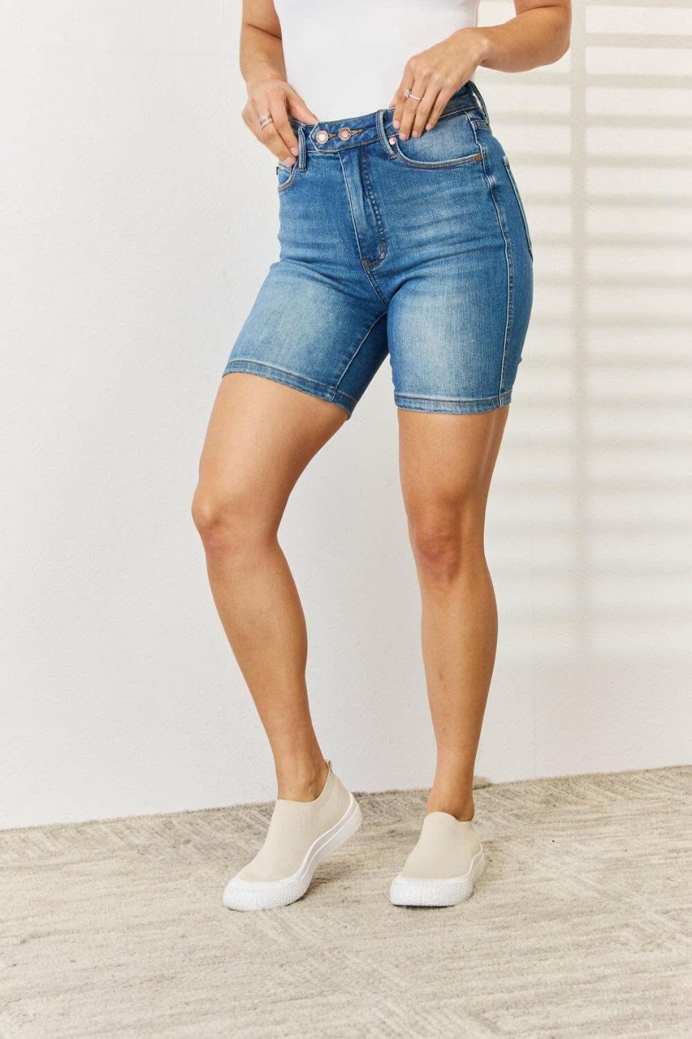 Judy Blue Full Size Tummy Control Double Button Bermuda Denim Shorts.