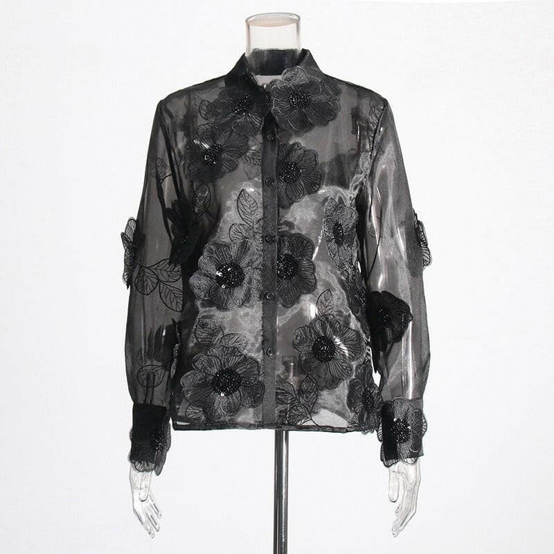 French elegant style organza lapel shirt three-dimensional flower sequined shirt top for women.