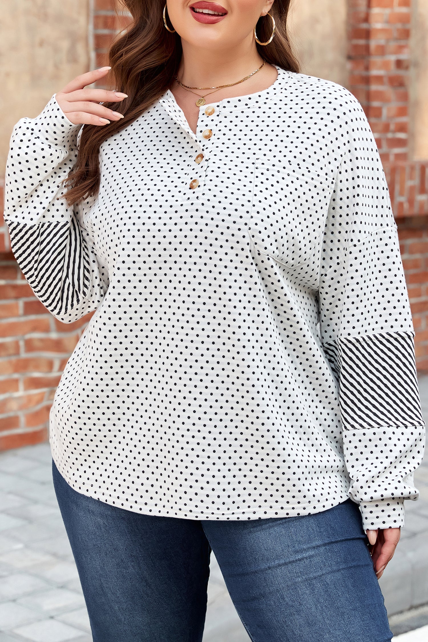 Beige Plus Size Dot Print Striped Patchwork Long Sleeve Henley Top Dear-Lover Dropshipping