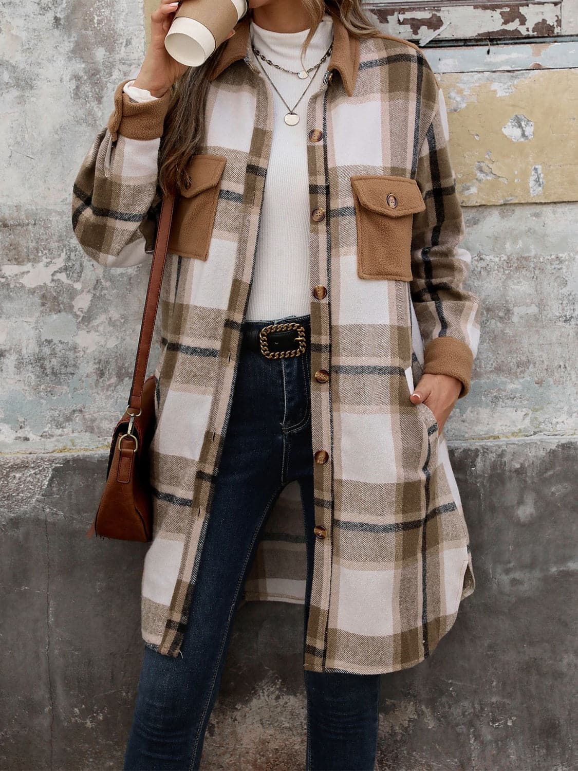 Plaid Button Up Long Sleeve Coat.