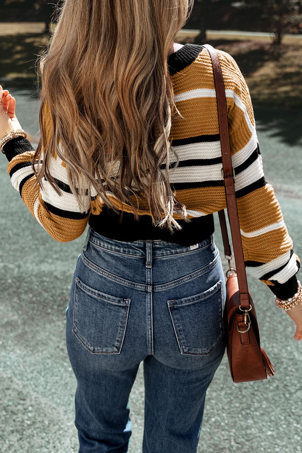 Striped V-Neck Dropped Shoulder Sweater.