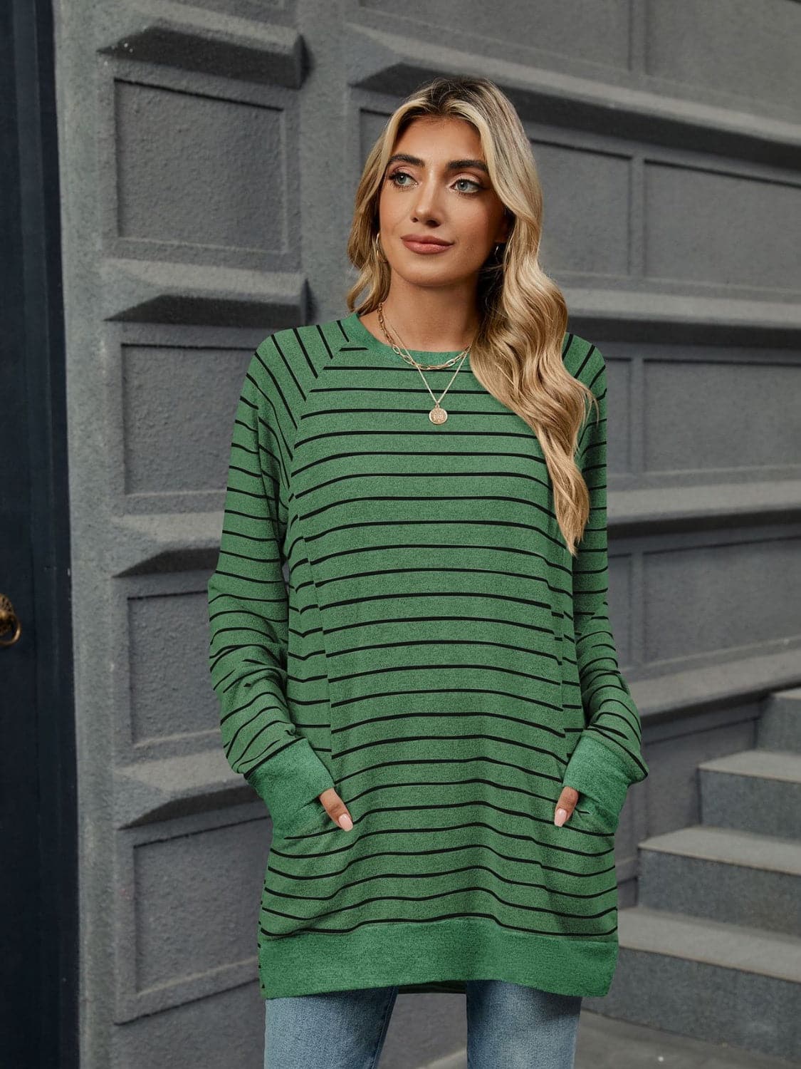 Pocketed Striped Round Neck Long Sleeve T-Shirt.