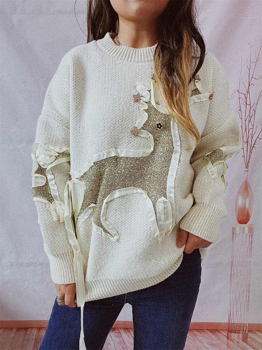 Reindeer Round Neck Long Sleeve Sweater.