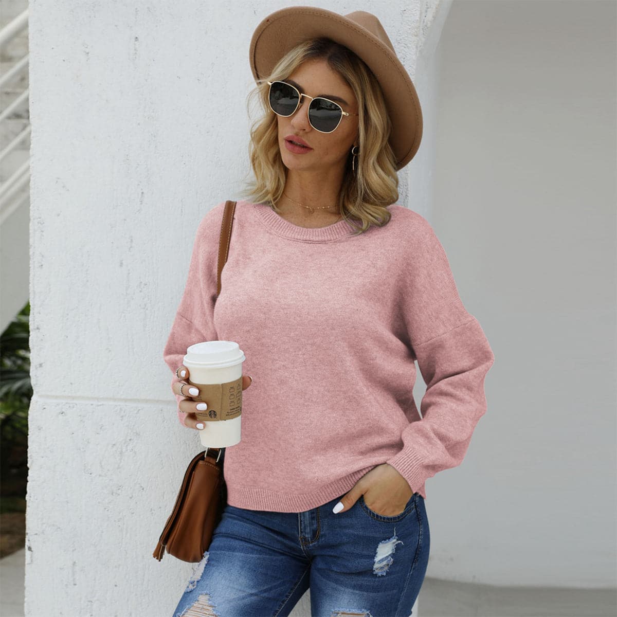 Round Neck Long Sleeve Drop Shoulder Sweater.