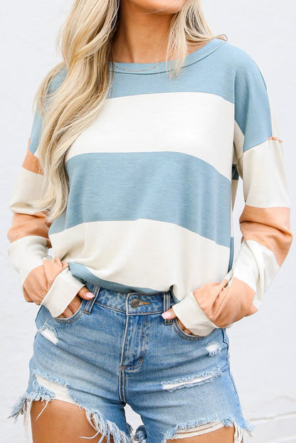 Chic light blue colorblock striped drop shoulder long sleeve top