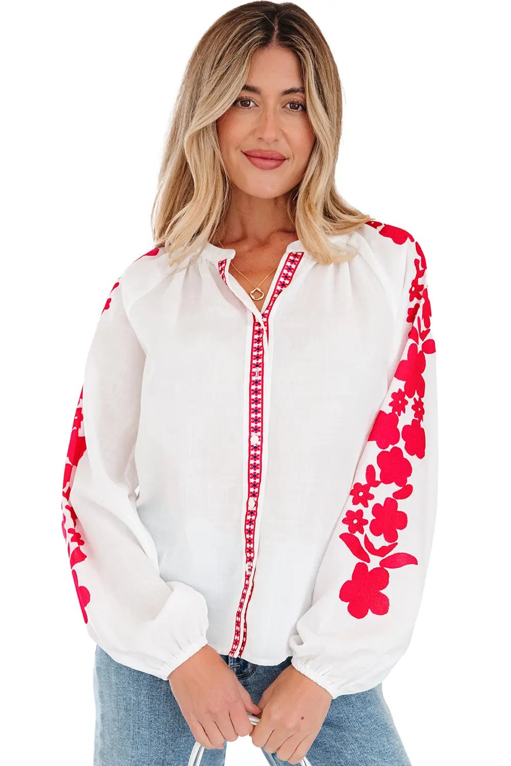 Premium White Floral Embroidered Puff Long Sleeve Casual Shirt Dear-Lover Dropshipping