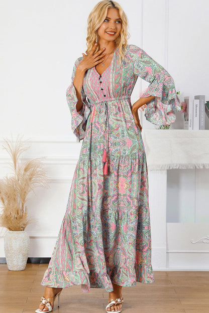 Printed Tassel Tie V-Neck Tiered Dress.