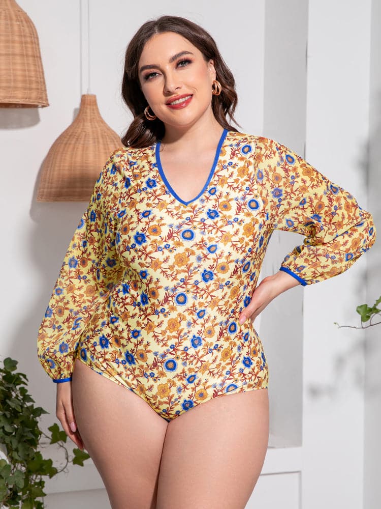 Plus Size Floral Open Back Long Sleeve One-Piece Swimsuit.