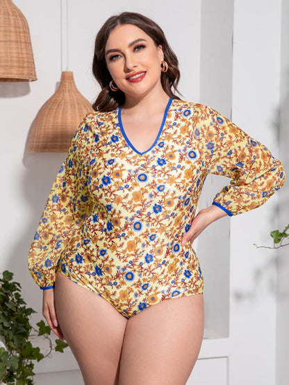 Plus Size Floral Open Back Long Sleeve One-Piece Swimsuit.