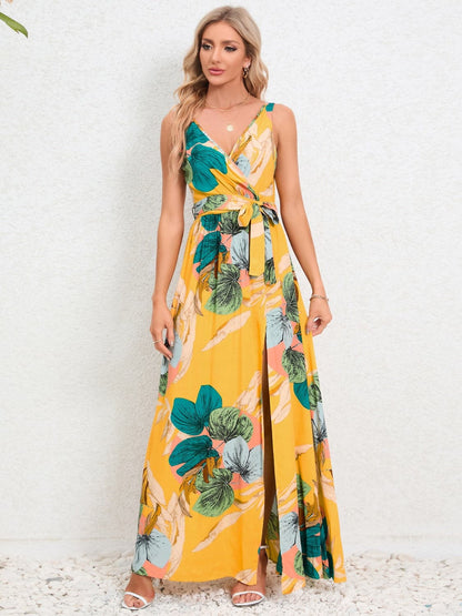 Slit Tied Printed Surplice Dress.