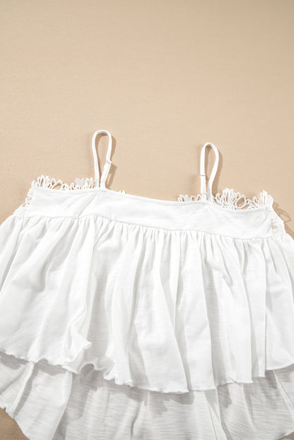 Elegant White Lace Spliced Ruffled Flared Tank Top with Spaghetti Straps