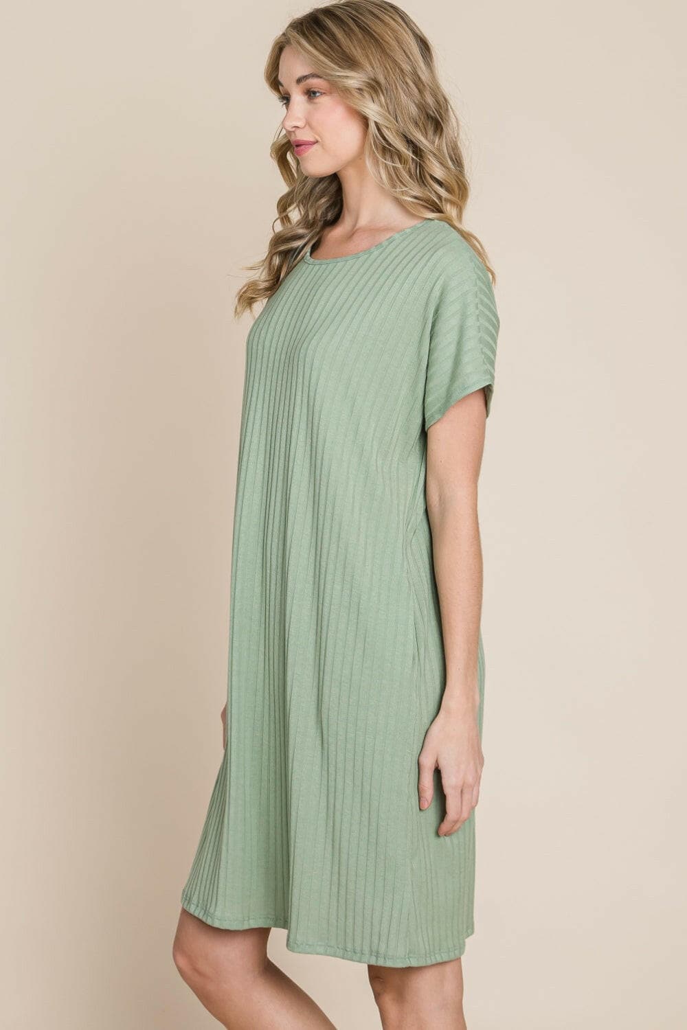 BOMBOM Ribbed Round Neck Short Sleeve Dress.