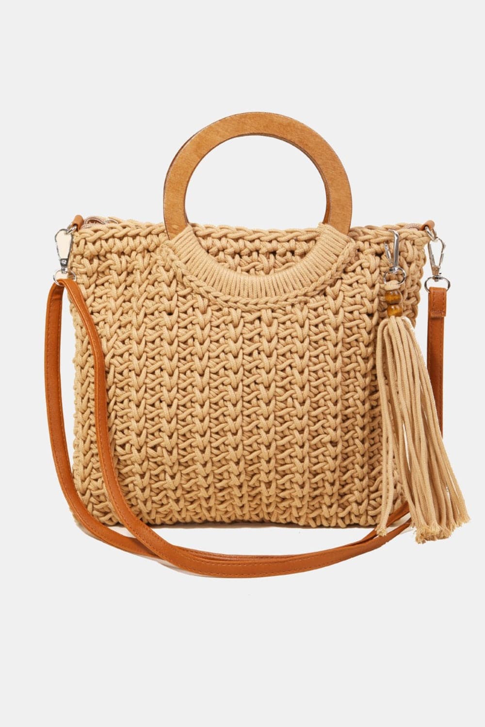 Fame Crochet Knit Convertible Tote Bag with Tassel.