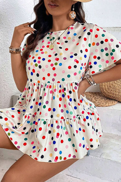 Beige Plus Size Babydoll Blouse with Colorful Polka Dot Print and Ruffled Short Sleeves