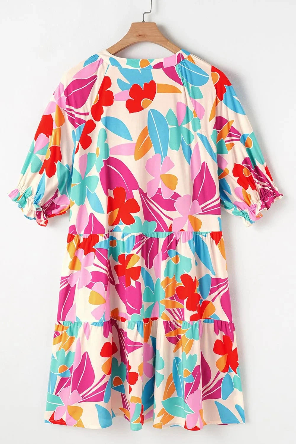 Floral Bubble Sleeve V Neck Tiered Ruffle Babydoll Dress Simply Love