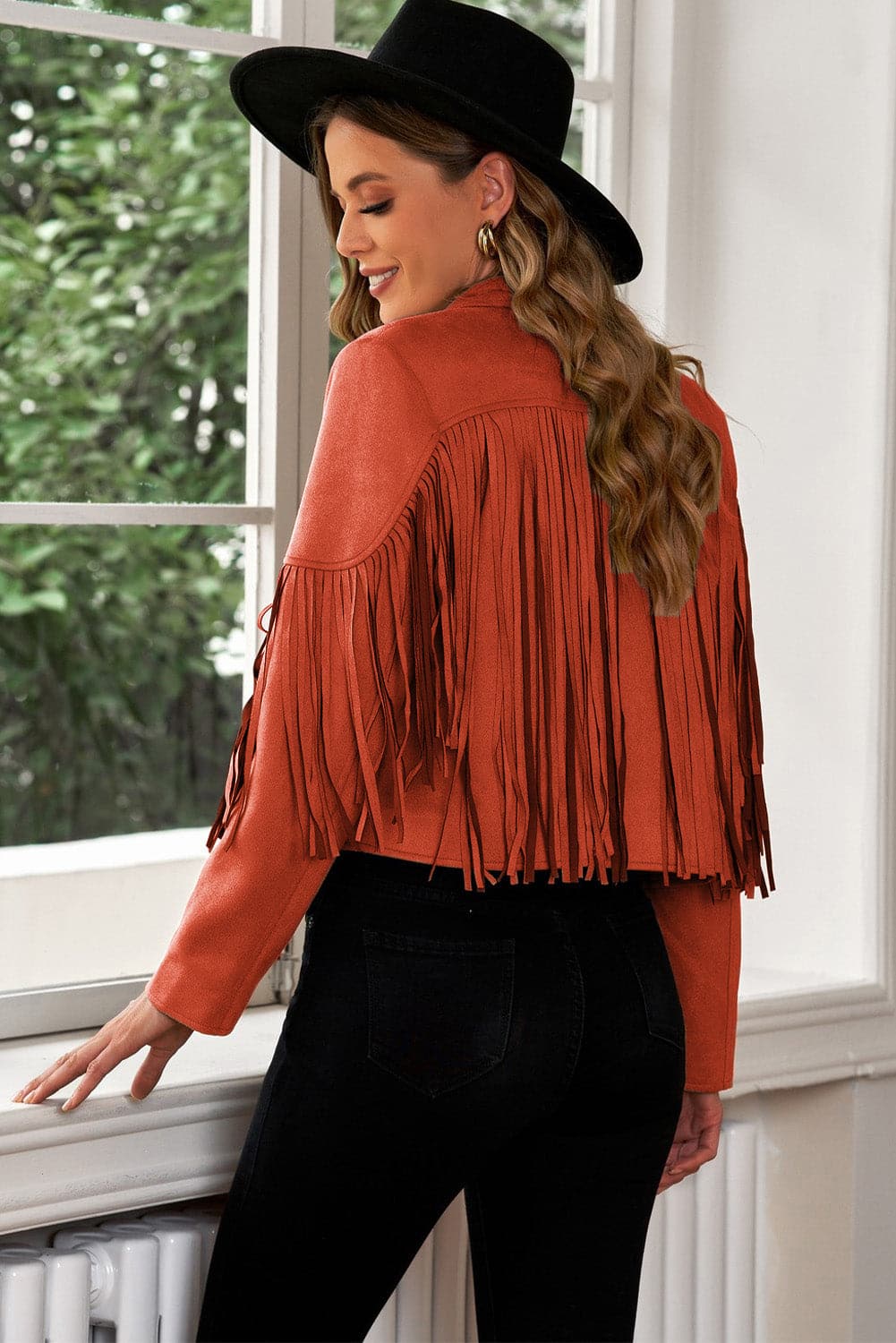 Fringe Trim Lapel Collar Cropped Blazer.