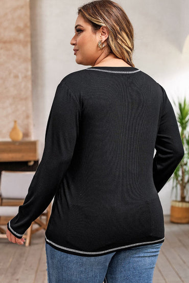 Plus Size Notched Neck Long Sleeve T-Shirt.