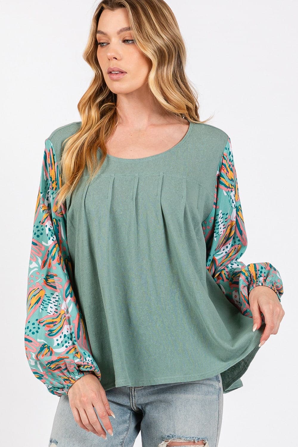 SAGE + FIG Ruched Round Neck Printed Bubble Sleeve Top.