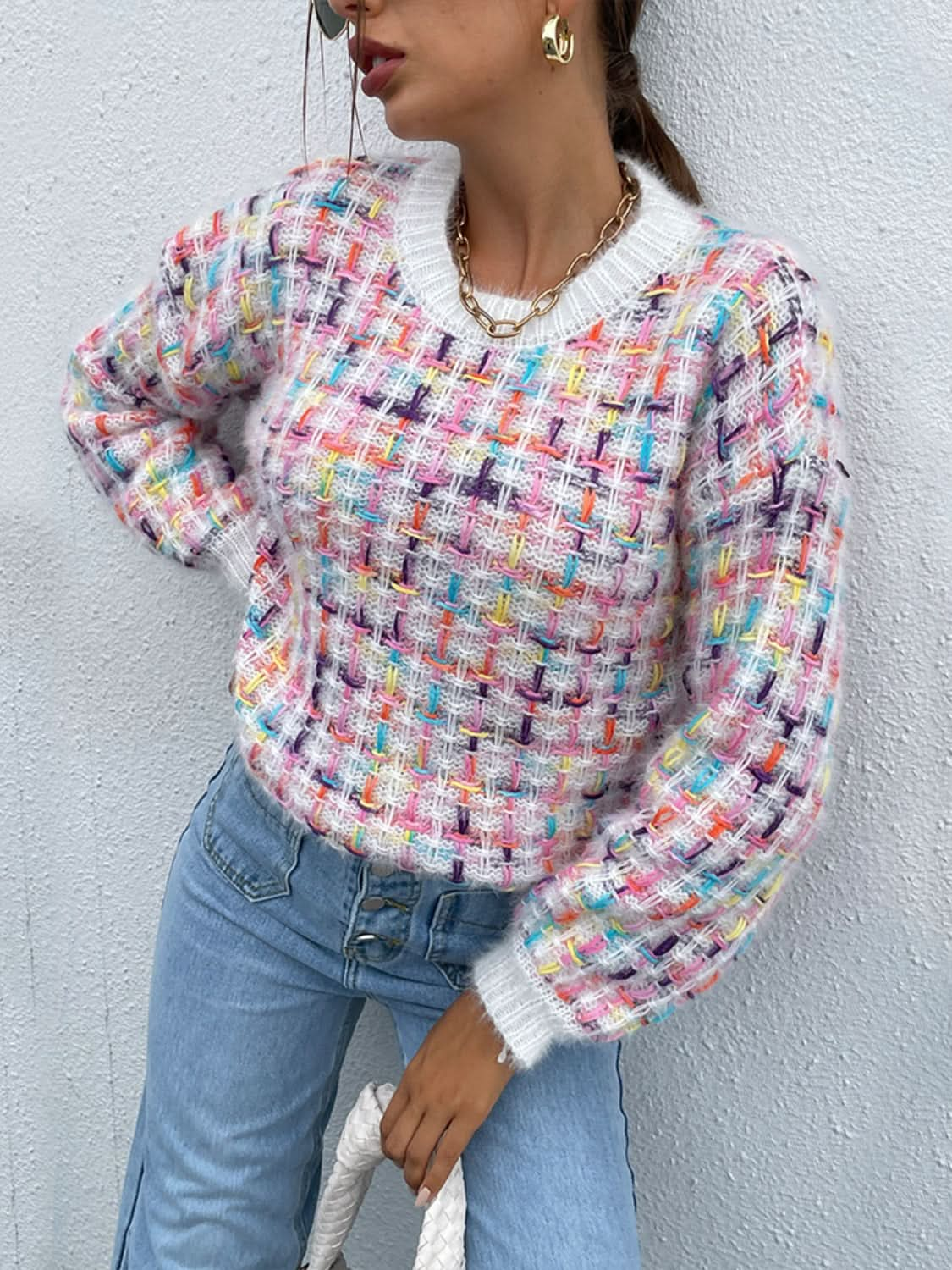 Shiny Multicolor Round Neck Dropped Shoulder Sweater