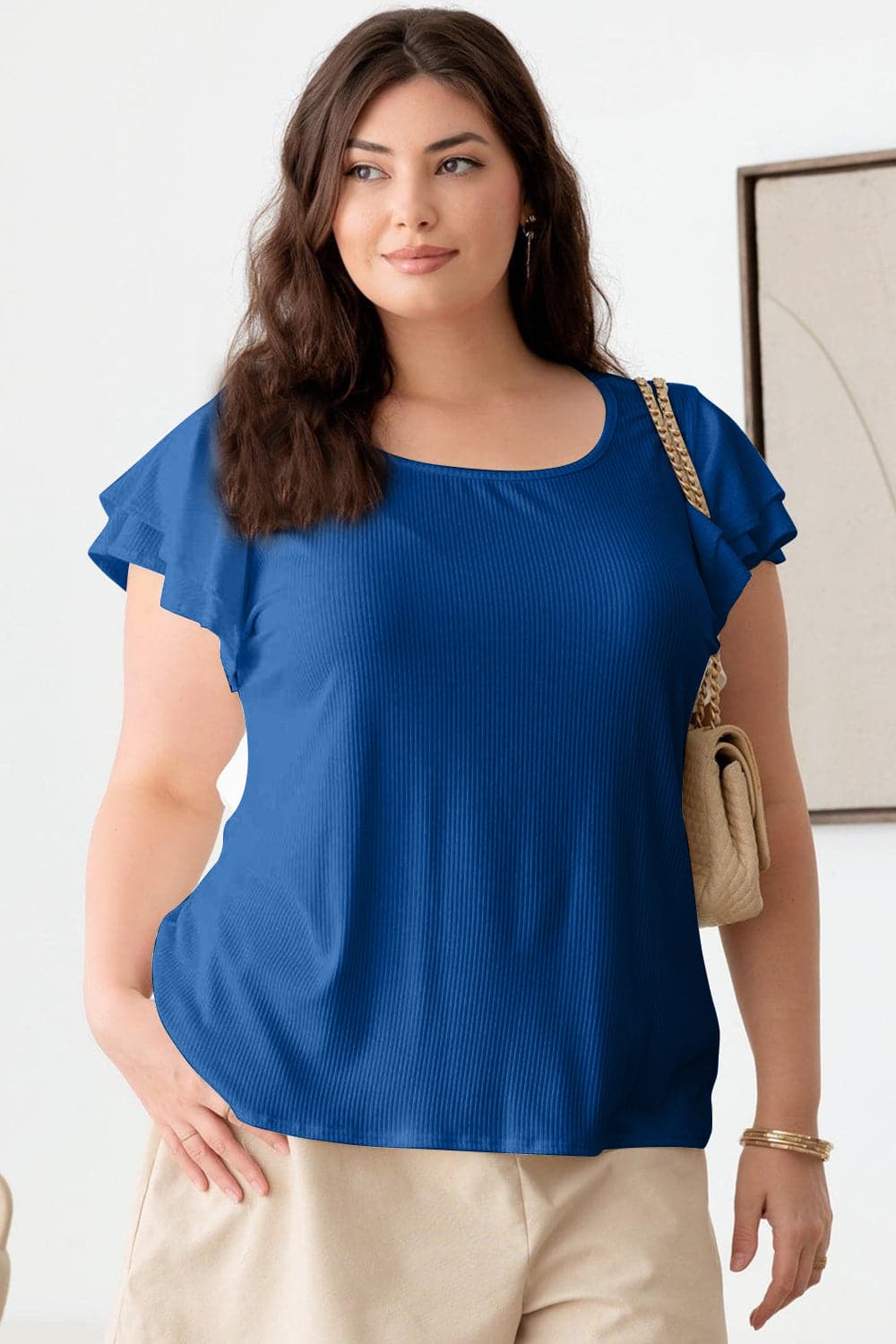 Gilli Plus Size Short Fluttery Sleeve Round Neck Top.