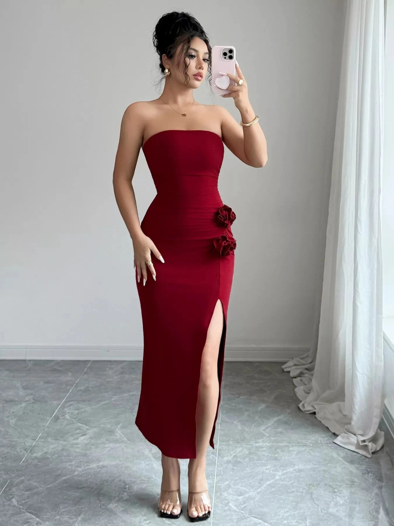 Front Split Strapless Dress with Floral Detail Coco’s Tee Boutique