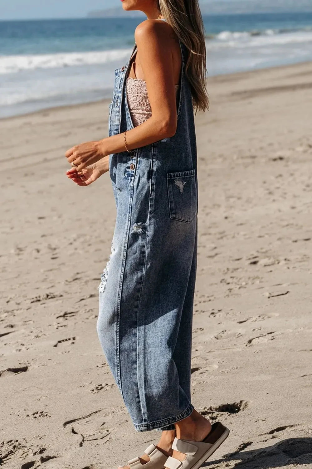 Distressed Bib Pocket Wide Leg Denim Overalls Simply Love