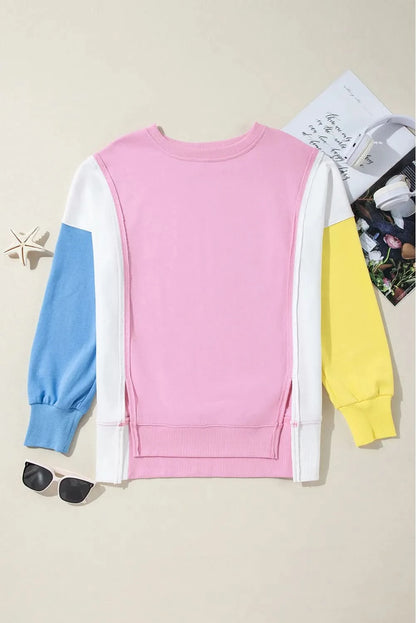 Chic high-low slit contrast sweatshirt with round neck and long sleeves