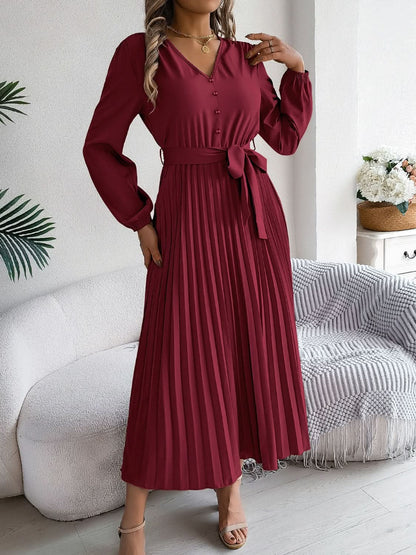 Elegant V-Neck Long Sleeve Dress with Sheer Tied Design