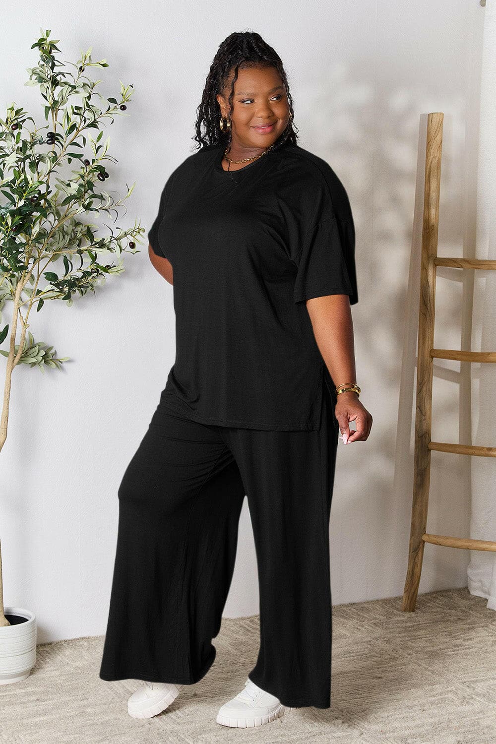 Double Take Full Size Round Neck Slit Top and Pants SetUpgrade Your Style with the Double Take Set
 Step into sophistication with our Double Take Full Size Round Neck Slit Top and Pants Set. This chic and versatile two-pLove Salve Full Size Round Neck Slit Topusa