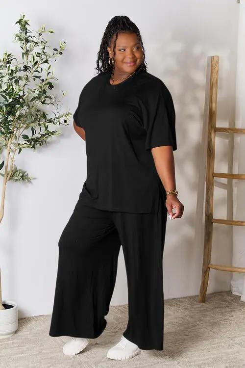 Double Take Full Size Round Neck Slit Top and Pants Set - Love Salve