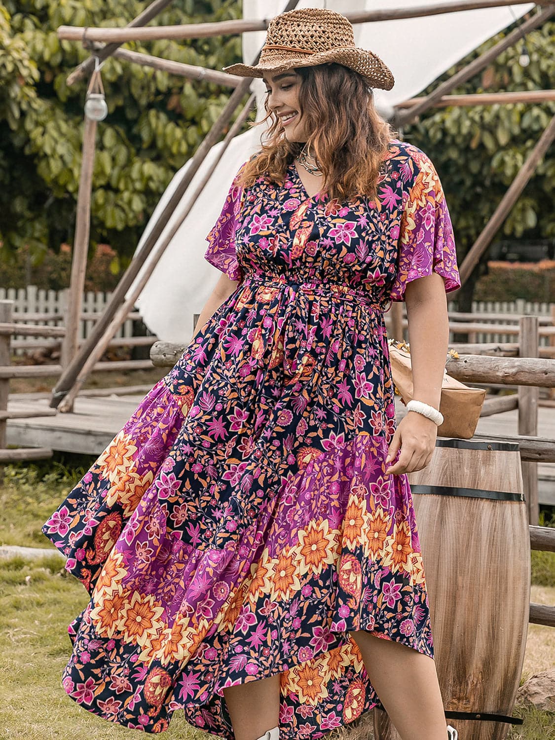 Plus Size Printed V-Neck Flutter Sleeve Midi Dress.