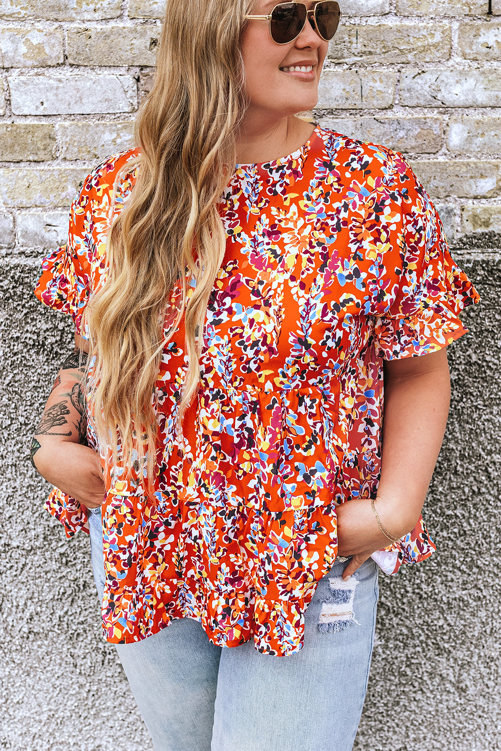 Chic orange floral ruffle sleeve babydoll top for curvy figures