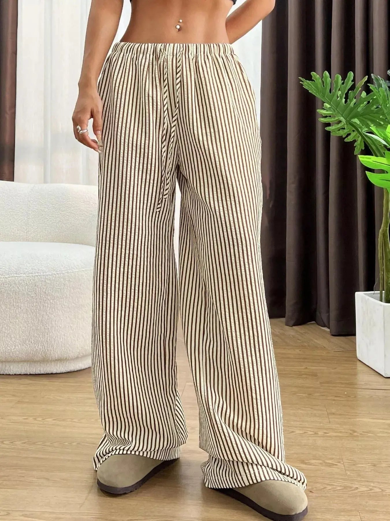 Full Size Striped Drawstring Waist Wide Leg Pants Plus Size Simply Love
