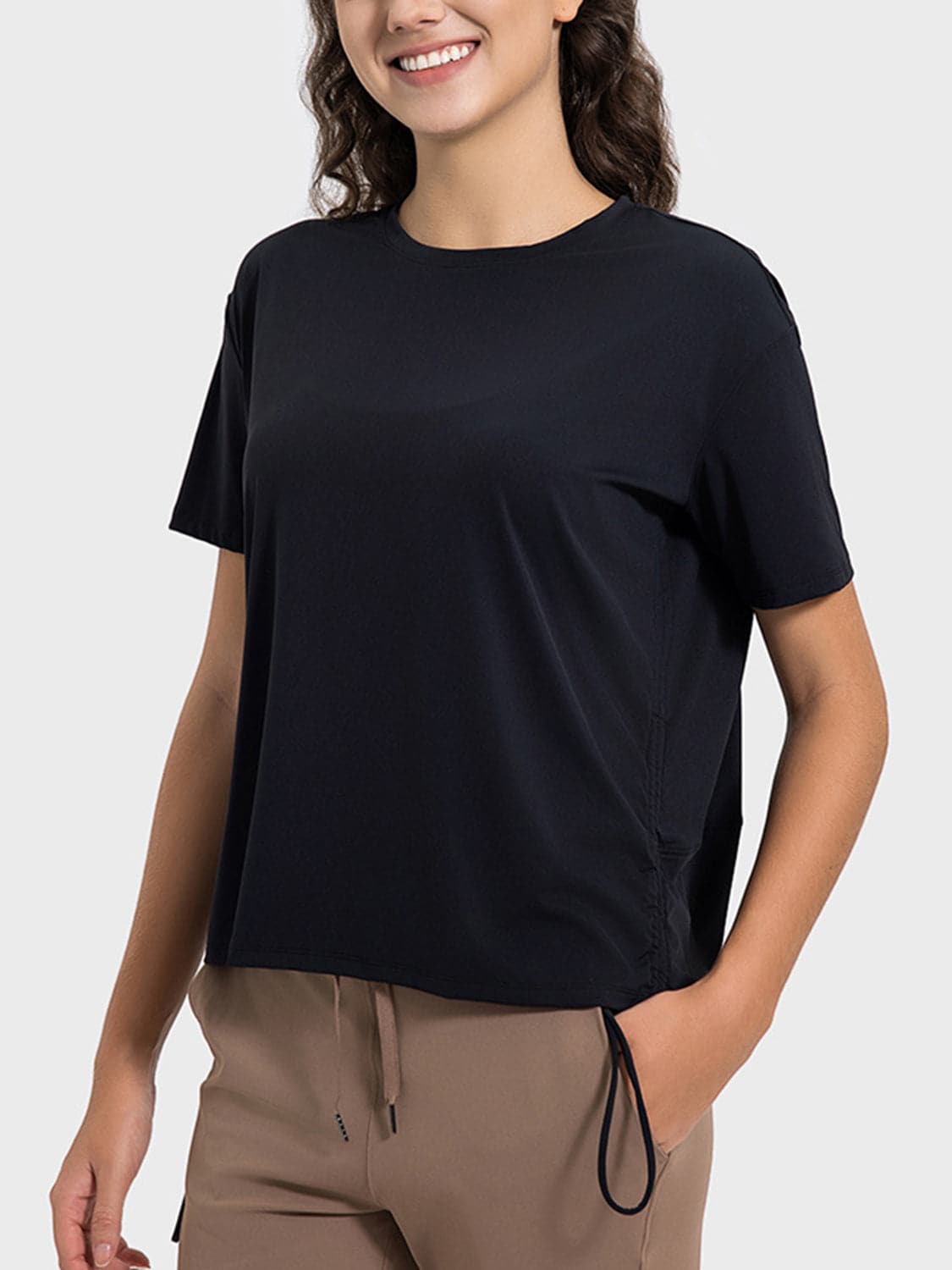 Drawstring Round Neck Short Sleeve Active T-Shirt.