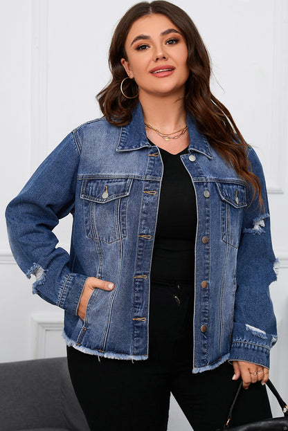 Chic dark blue plus size distressed denim jacket with flap pockets