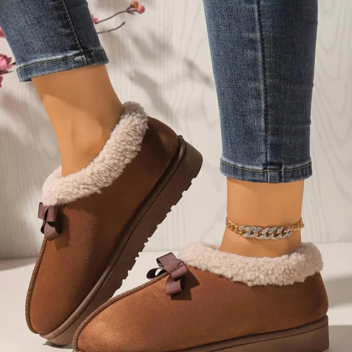 Cozy Bowknot Plush Lined Slip-Ons Simply Love