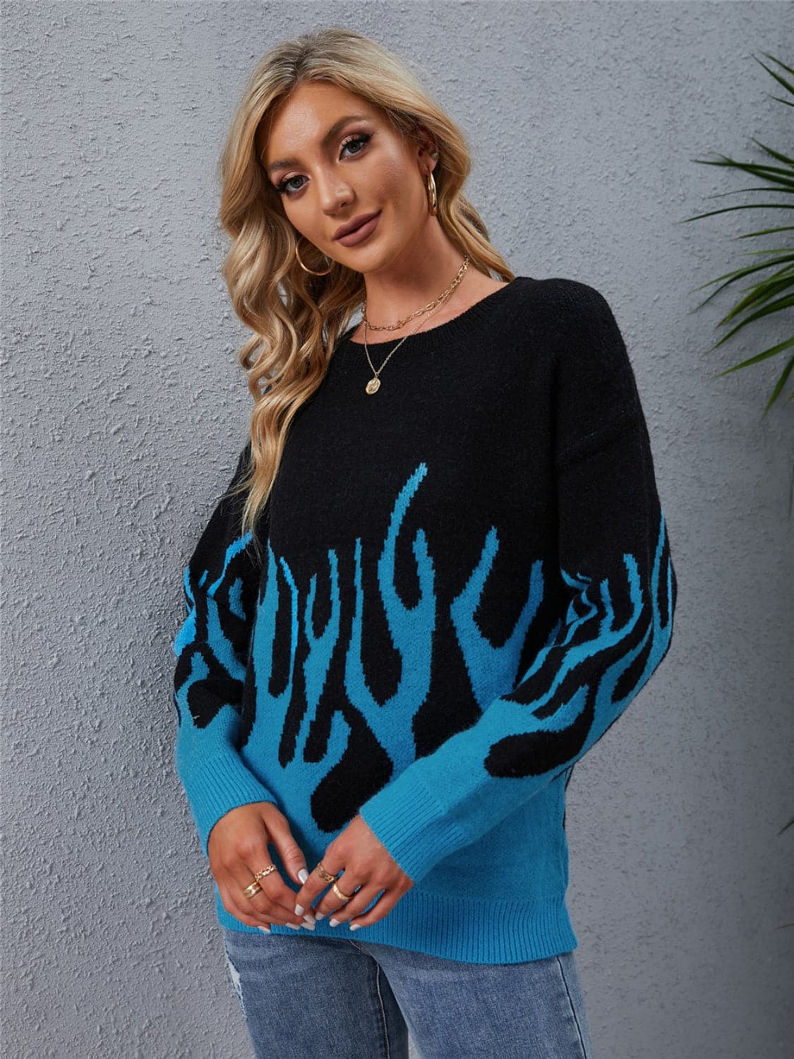 Printed Round Neck Long Sleeve Sweater.