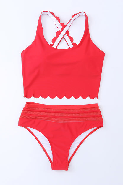 Sizzling red scalloped high waist bikini with criss-cross design