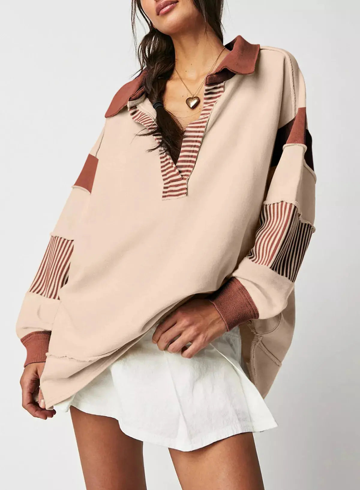 Color Block Striped Johnny Collar Sweatshirt Simply Love
